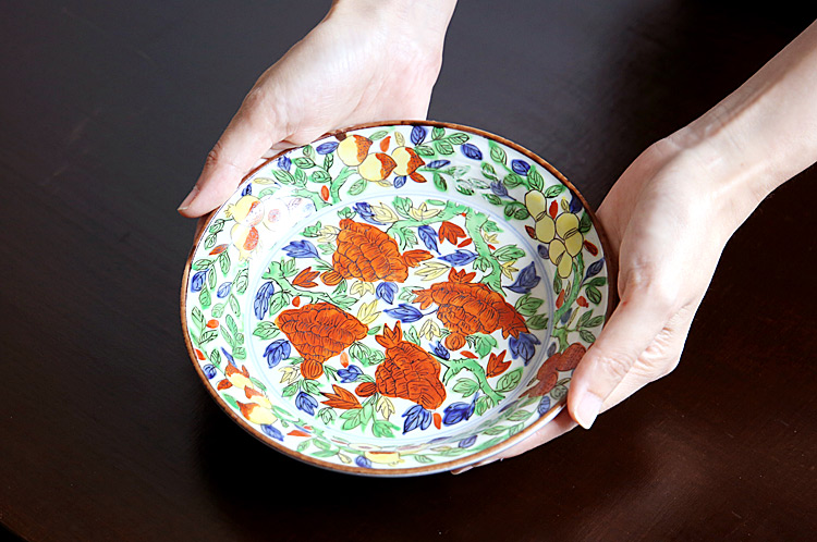 廣野俊彦　五彩花鳥絵輪花皿　南京色絵写　定価33,000円　2