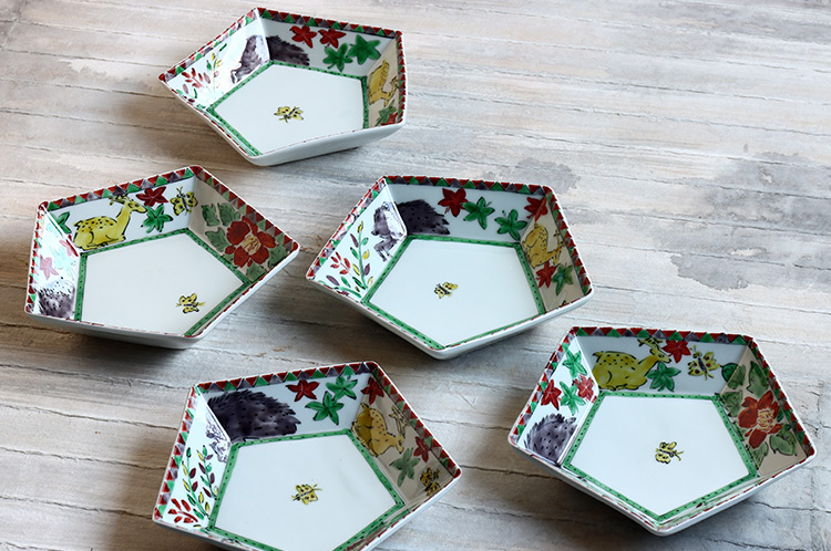 ユズコ様ご確認用　高林窯 変形 捻れ角鉢 牡丹唐草文 角鉢 小鉢 5個 ユズコ様ご確認用 高林窯 変形 捻れ角鉢 牡丹唐草文 角鉢